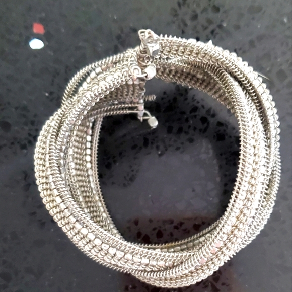 Vintage Silver Metal Memory Wire Braided Beaded Cuff Bracelet - Picture 4 of 5